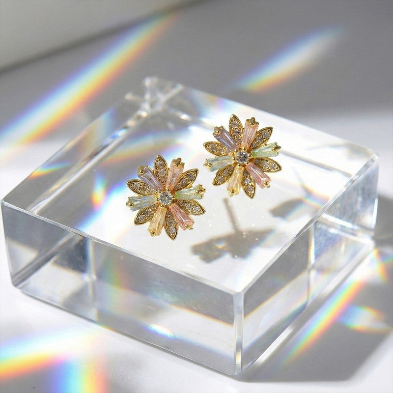 Crystal Floral Stud Earrings – Elegant Gold Finish for Women