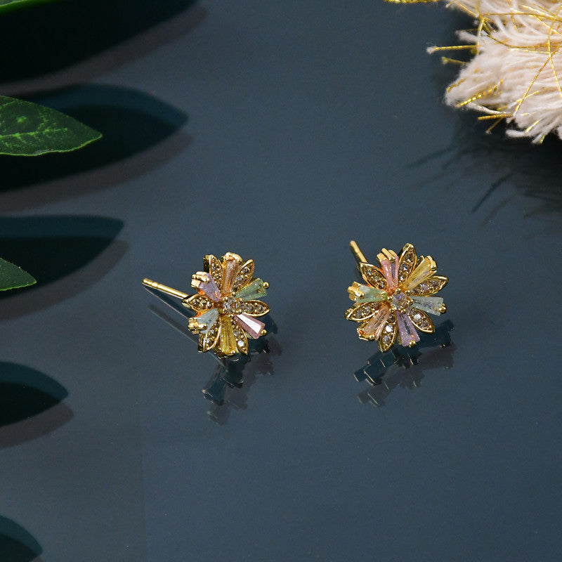 Crystal Floral Stud Earrings – Elegant Gold Finish for Women