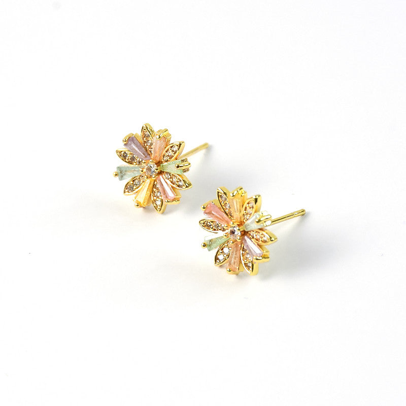 Crystal Floral Stud Earrings – Elegant Gold Finish for Women