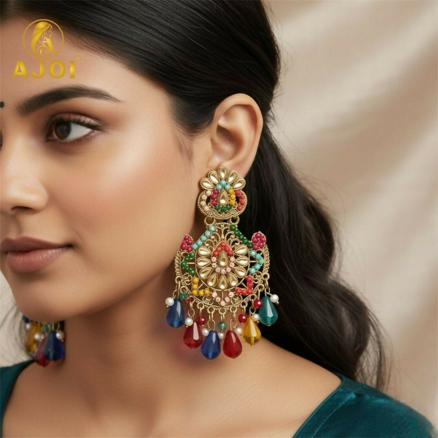 Kundan Chandbali Earrings – Royal Multicolor Antique Gold Finish