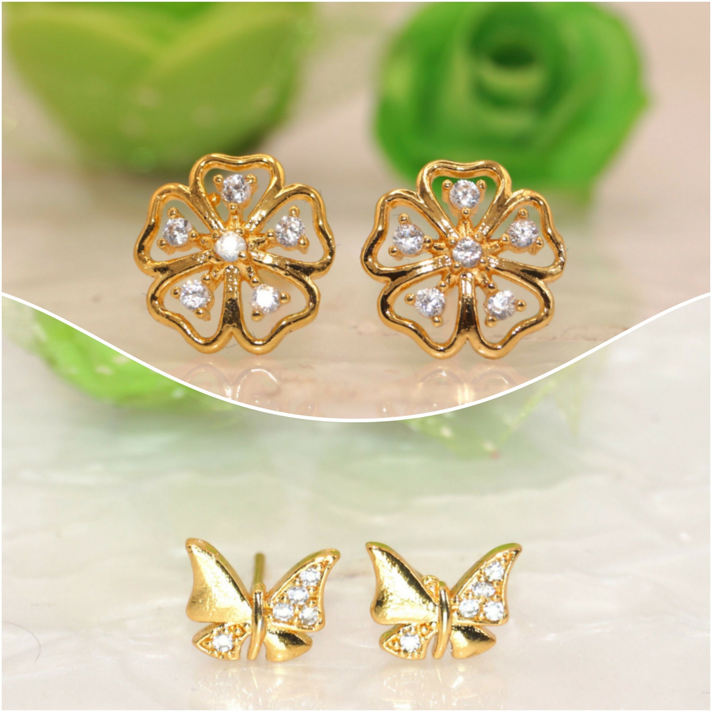 Gold Flower & Butterfly Stud Earrings – Elegant Combo Pack of 2
