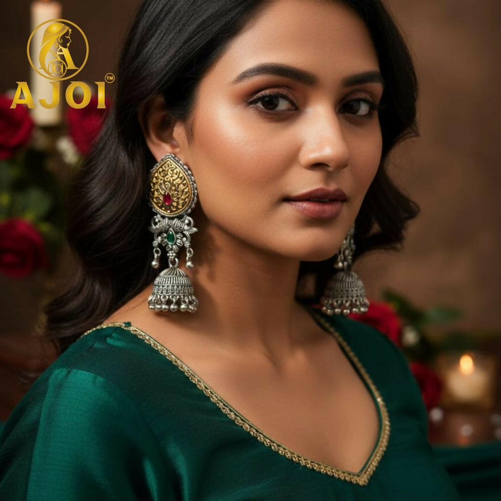 Dual Tone Stone Jhumka Earrings – Elegant Traditional Design