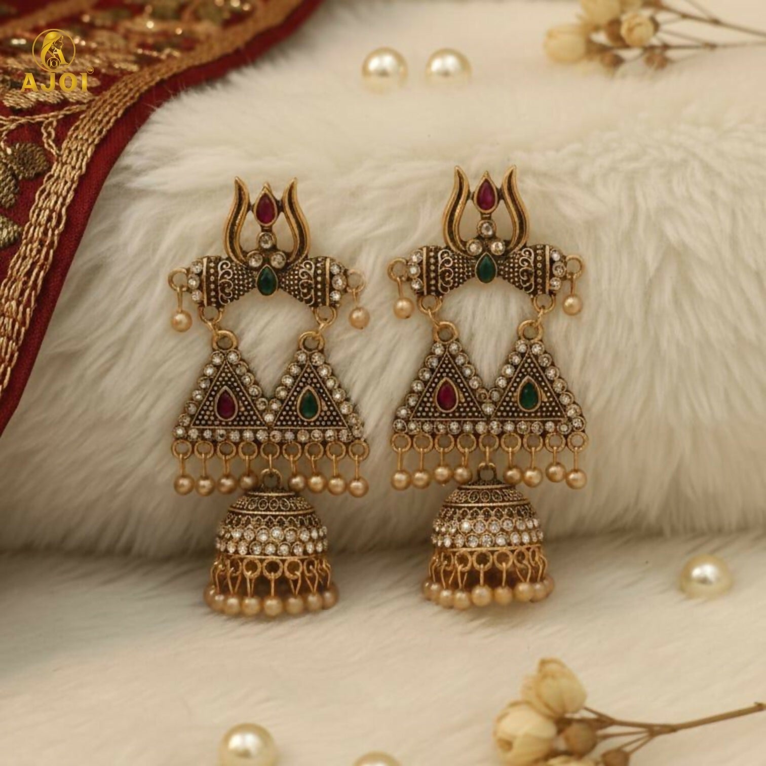 Shiv Trishul Jhumka Earrings – Antique Gold with Stone Work
