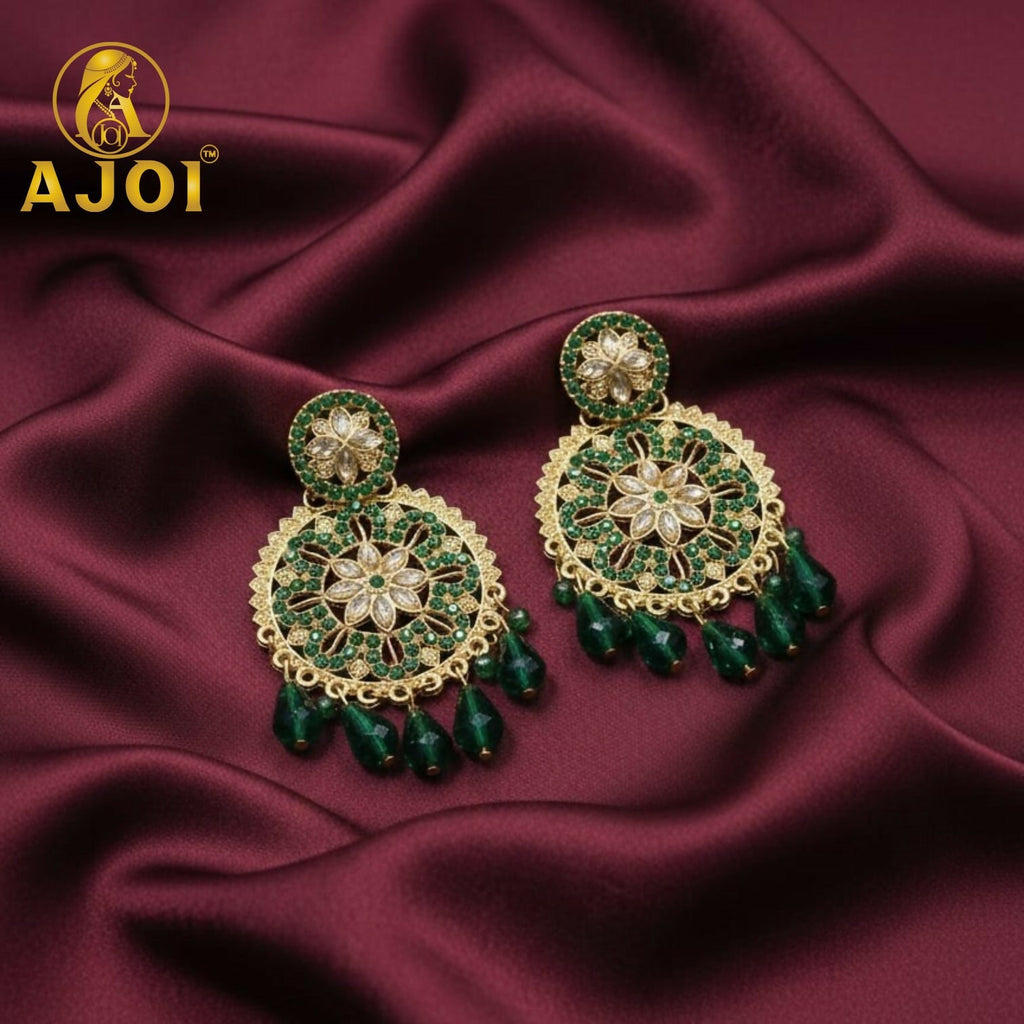 Green Floral Earrings – Elegant floral design with crystal embellishments