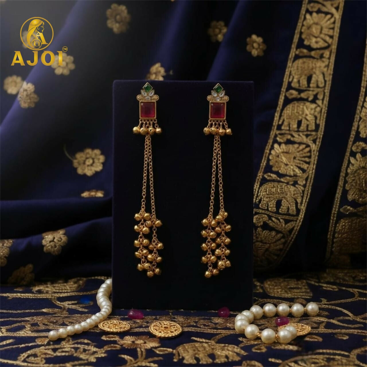 Kashmiri Long Chain Ghungroo Earrings – Elegant Pink & Gold Design
