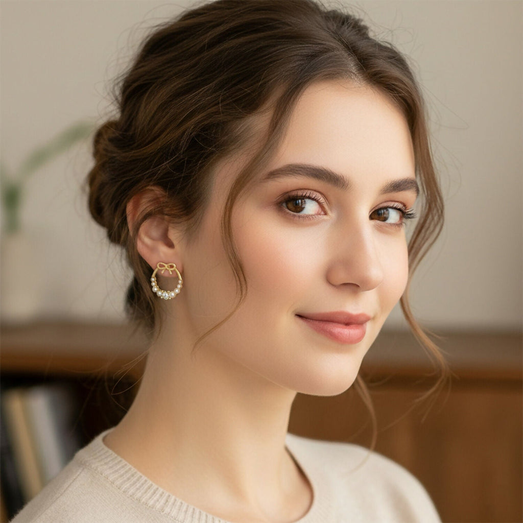 Bow Pearl Hoop Earrings – Gold Plated Korean Style Jewelry