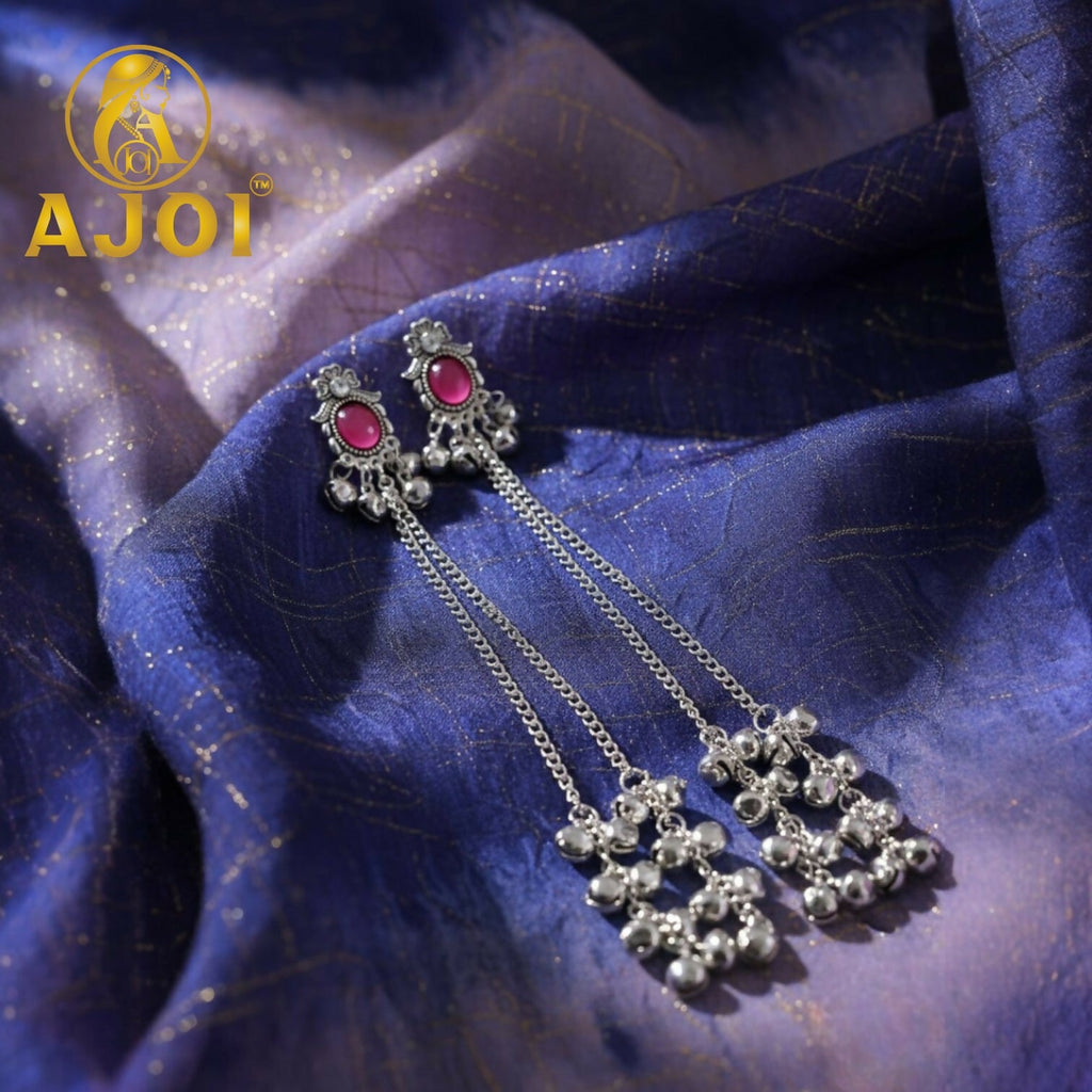 Kashmiri Silver-Tone Ruby Chain Drop Earrings – Luxurious Elegance
