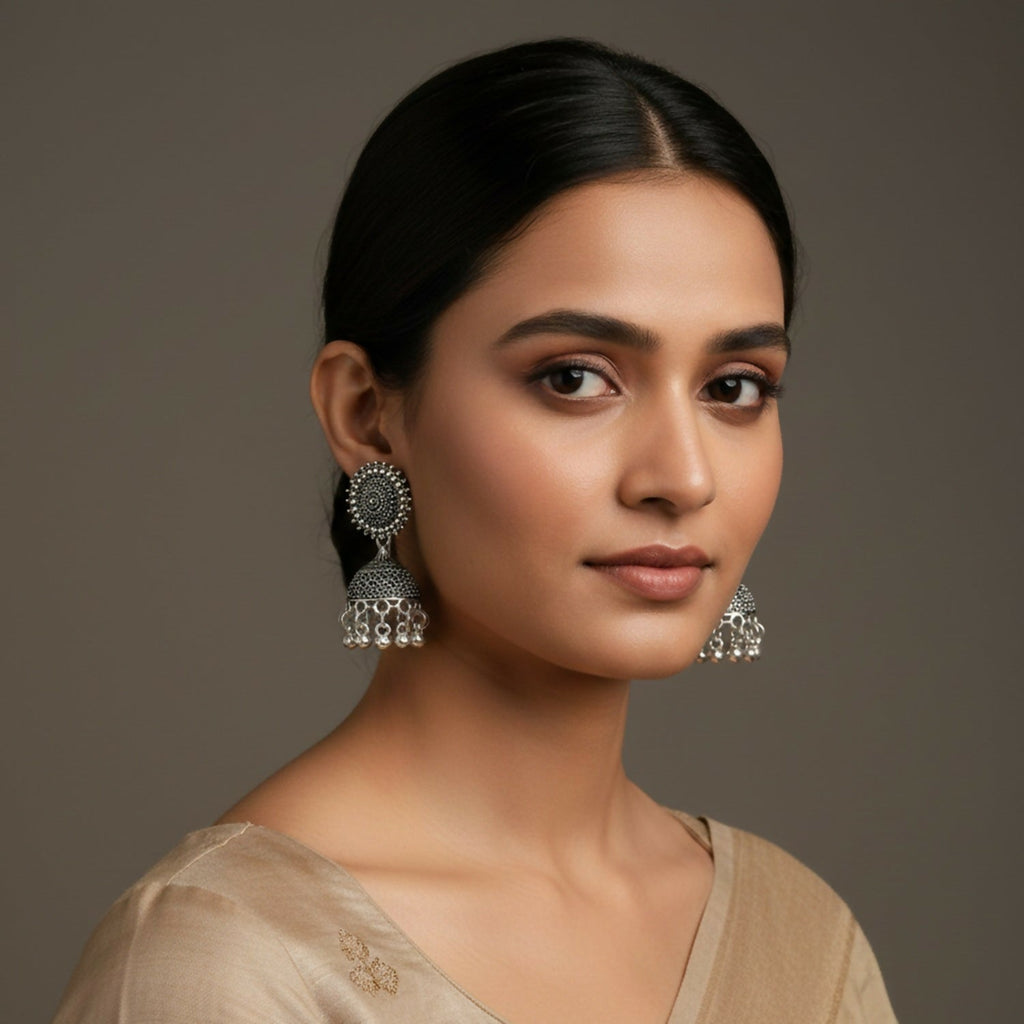 Oxidised Silver Jhumka Earrings – Classic Round Stud Design