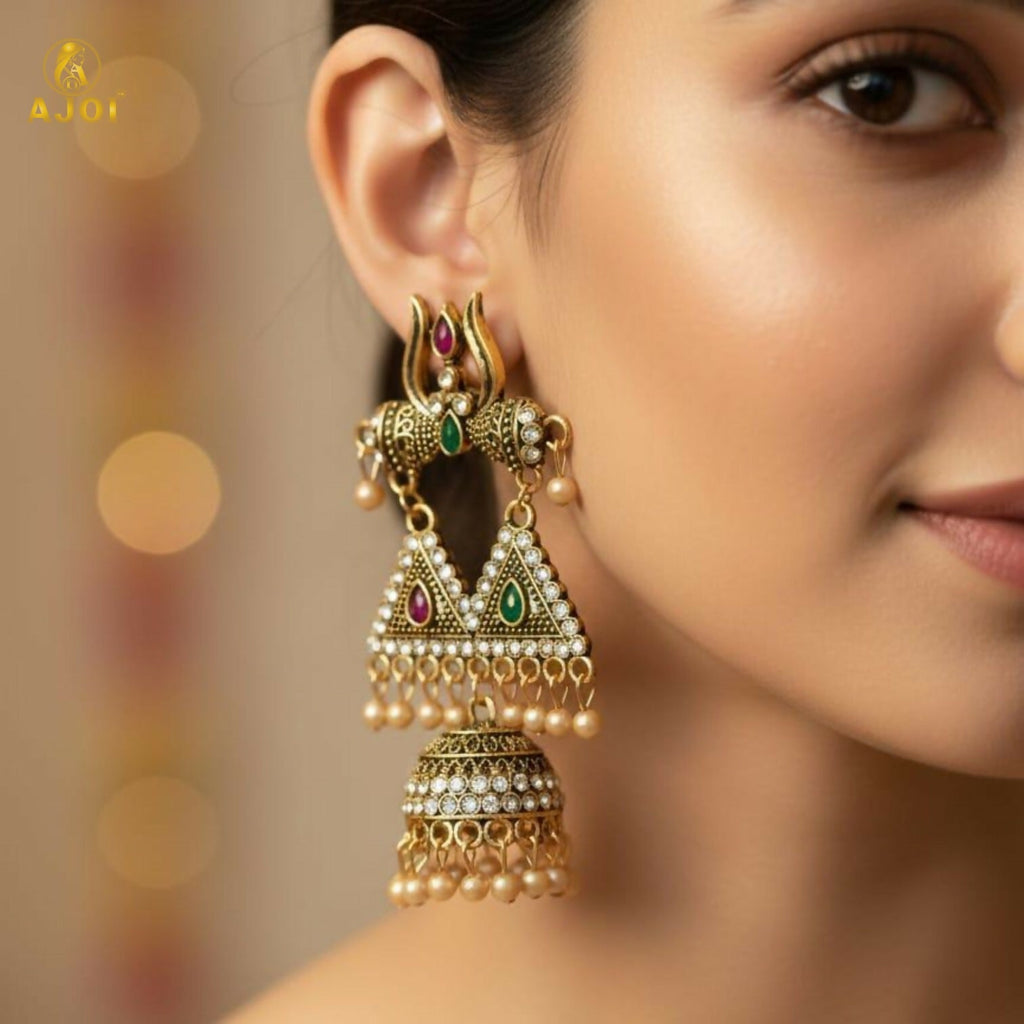 Shiv Trishul Jhumka Earrings – Antique Gold with Stone Work