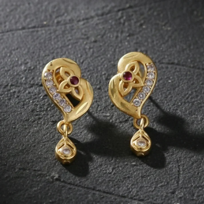Gold Stud Earrings with Leaf Pattern and Embedded Stones