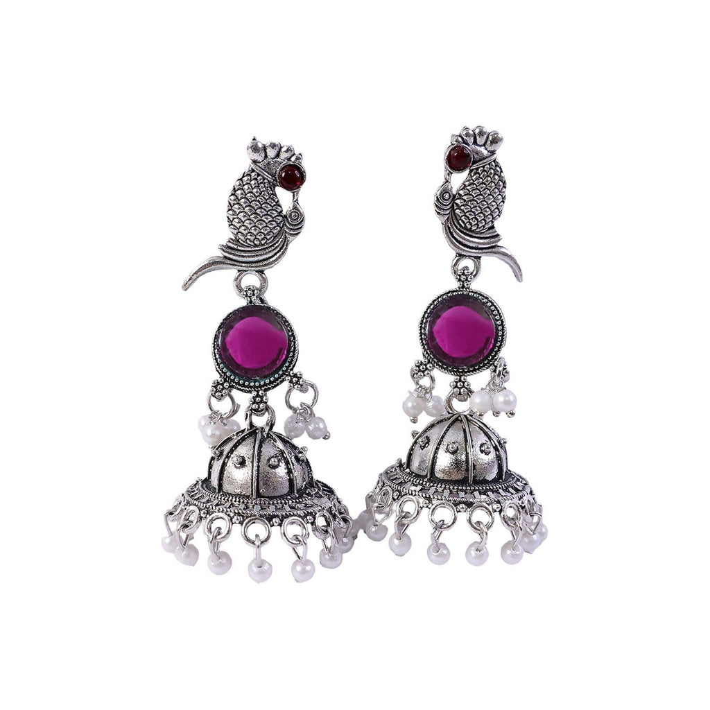 Oxidised Silver Peacock Jhumka Earrings with Pink Stone and Pearl Drops for Women