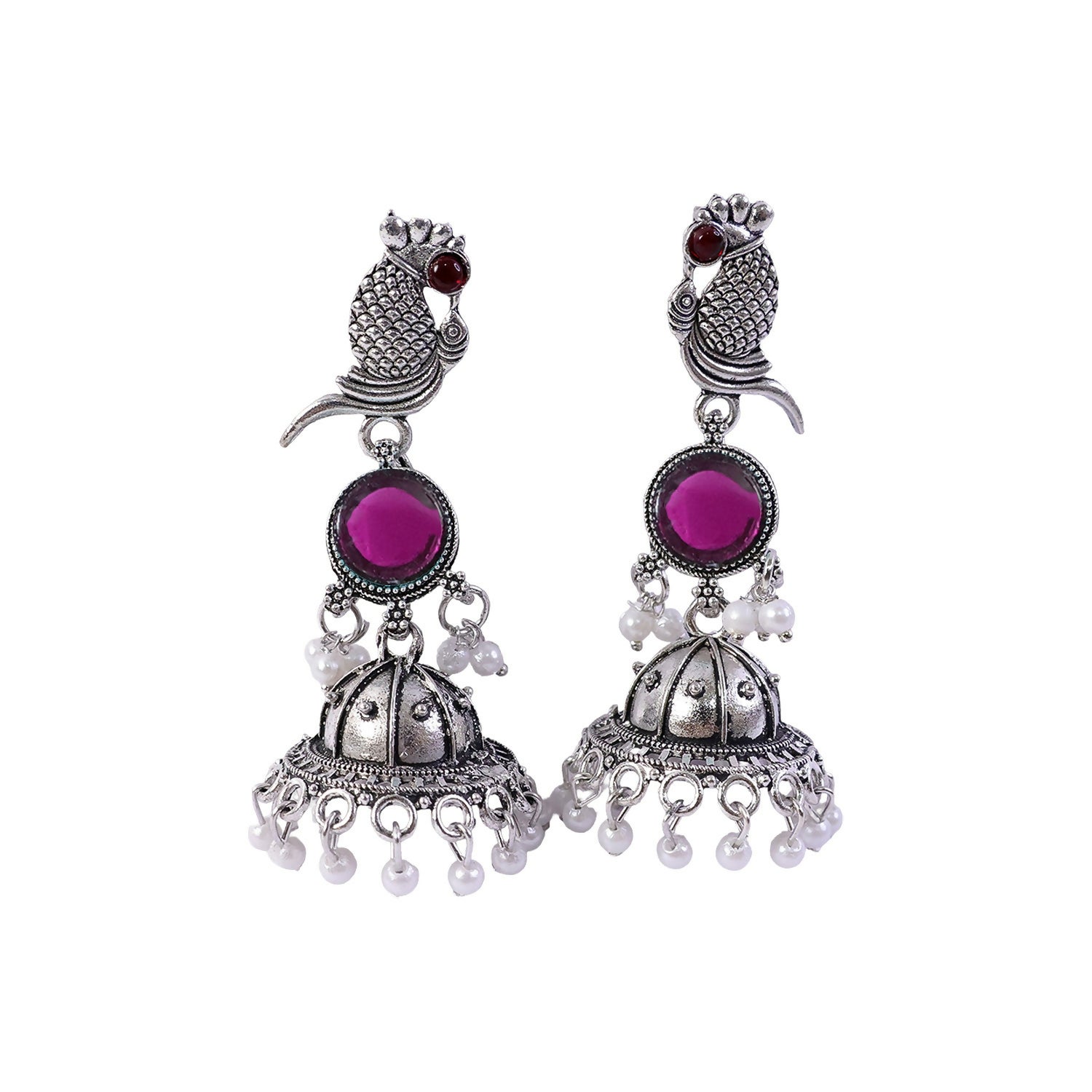 Oxidised Silver Peacock Jhumka Earrings with Pink Stone and Pearl Drops for Women