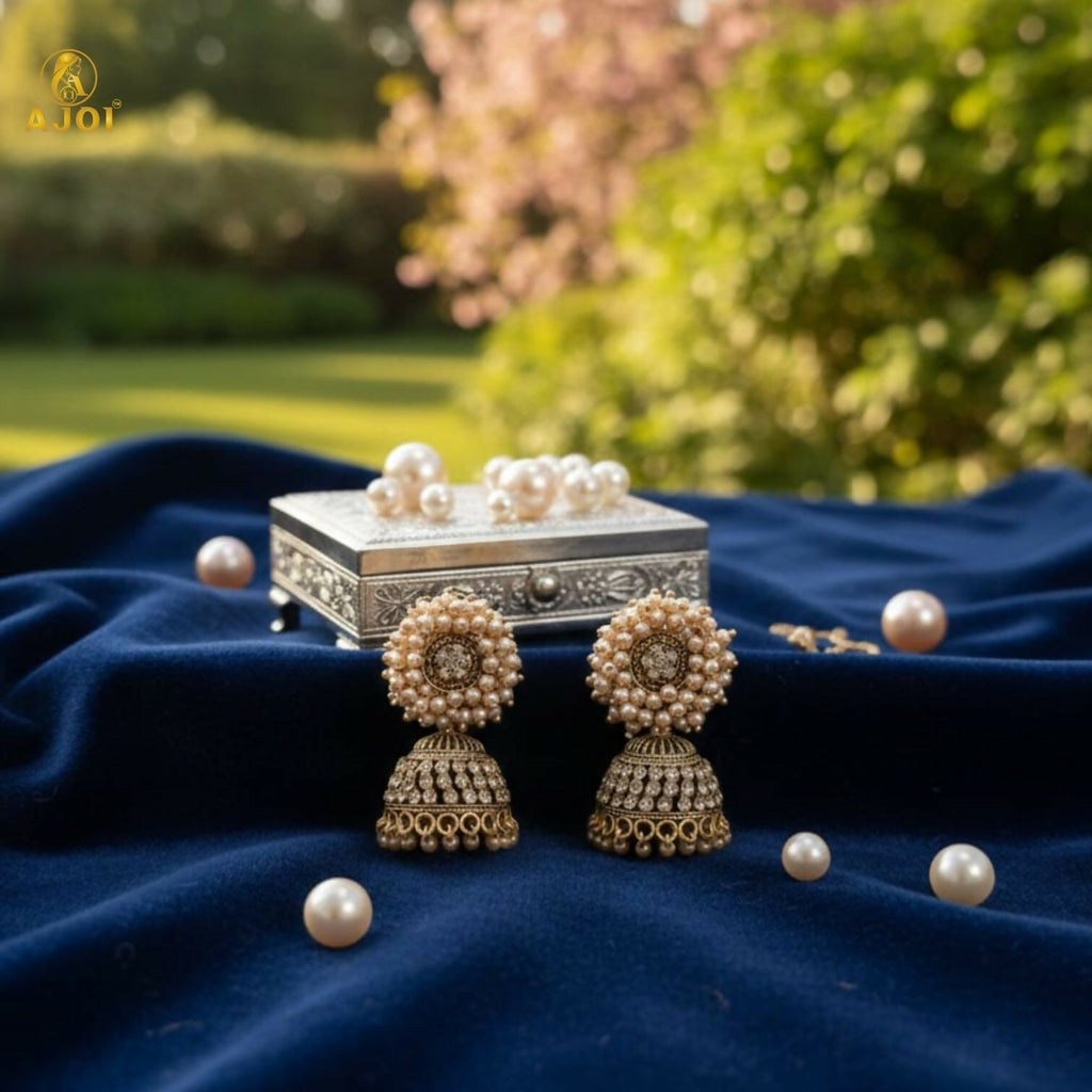 Antique Gold Jhumka Earrings – Elegant Pearl Cluster Design