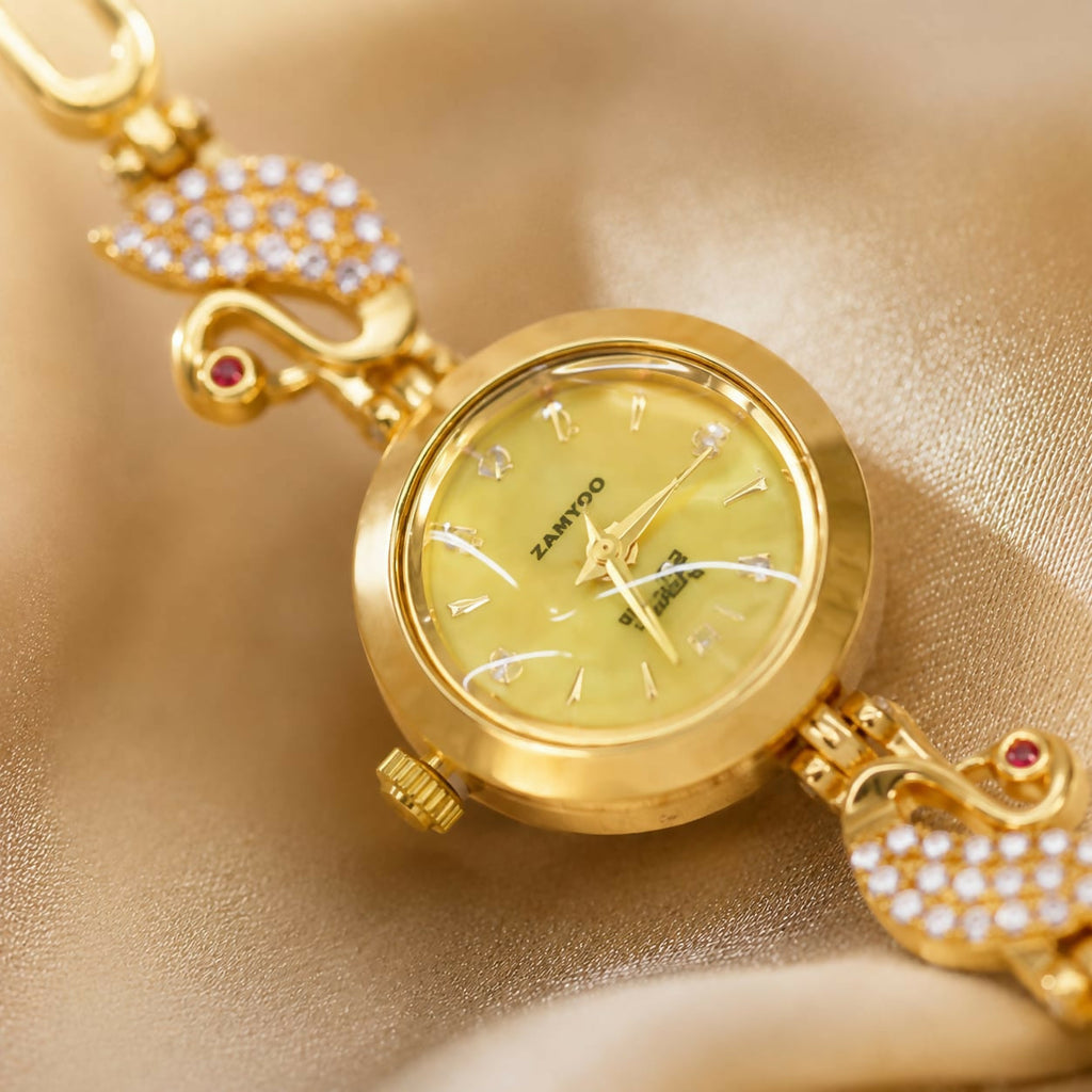 Royal Gold & Ruby Accent Peacock Bracelet Watch for Women – Traditional Partywear