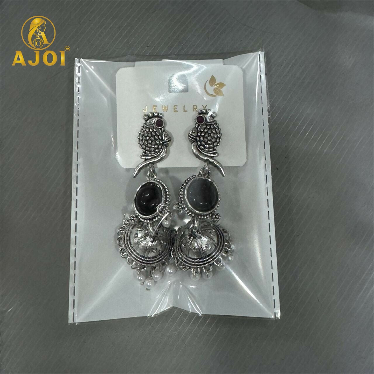 Peacock Earrings – Black Stone Jhumka in Oxidized Silver