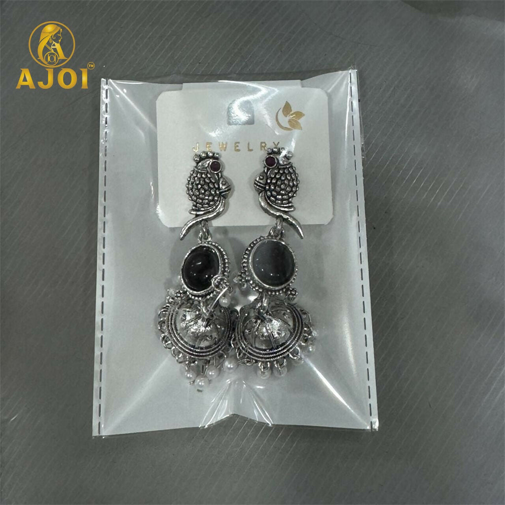 Peacock Jhumka Earrings – Oxidized Silver Finish with Black Stone