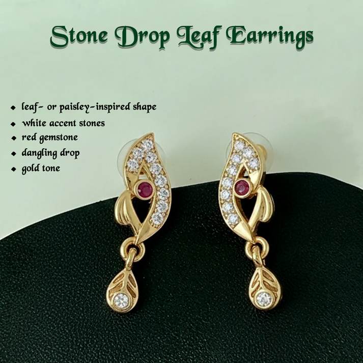 Gold Leaf Pattern Earrings – Elegant Stone Work & Drop Charm