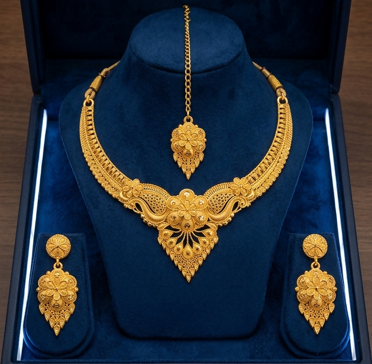 Gold Plated Bridal Necklace Set with Earrings and Maang Tikka Traditional Jewellery