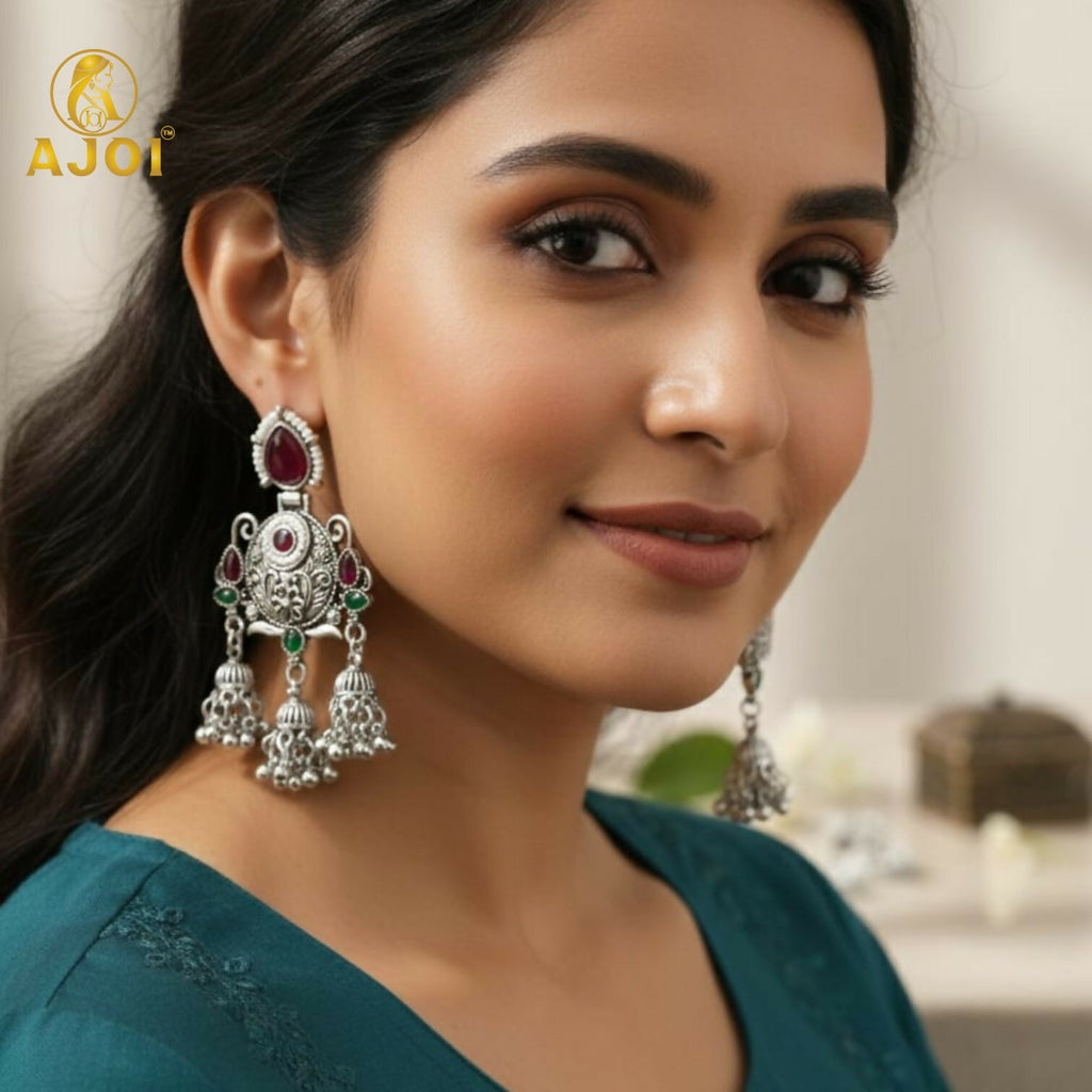 Ruby Chandbali Earrings – Ethnic Designer Jhumka with Pearls