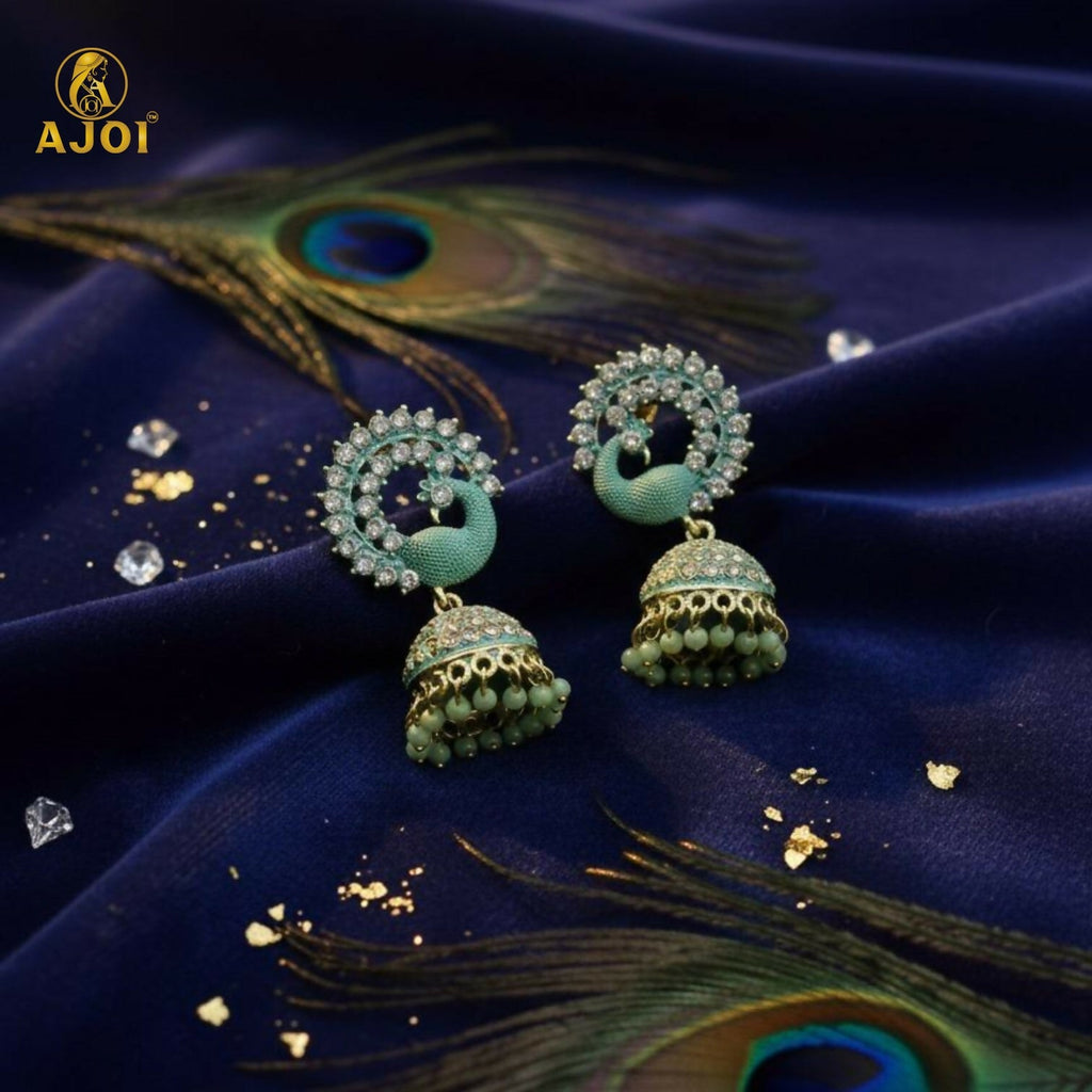 Peacock Stone Jhumka Earrings – Elegant Mint Green Festive Jewelry