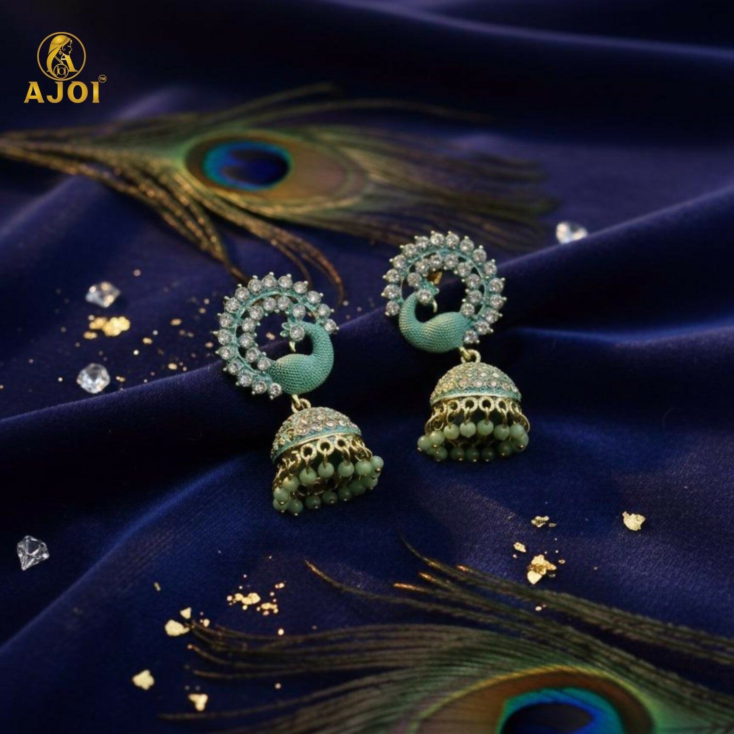 Peacock Stone Jhumka Earrings – Elegant Mint Green Festive Jewelry