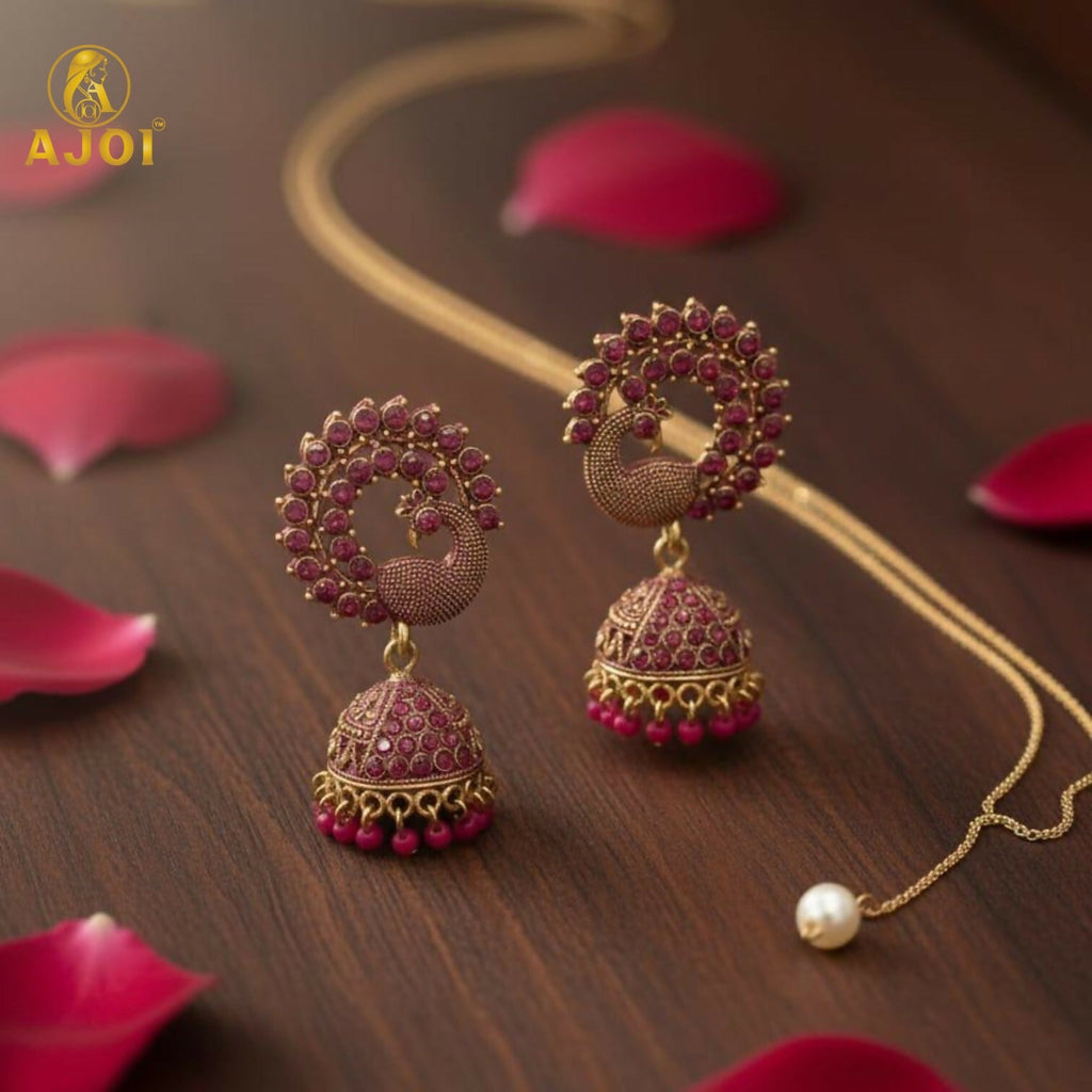 Peacock Motif Jhumka Earrings – Ruby-Tone Antique Gold Finish