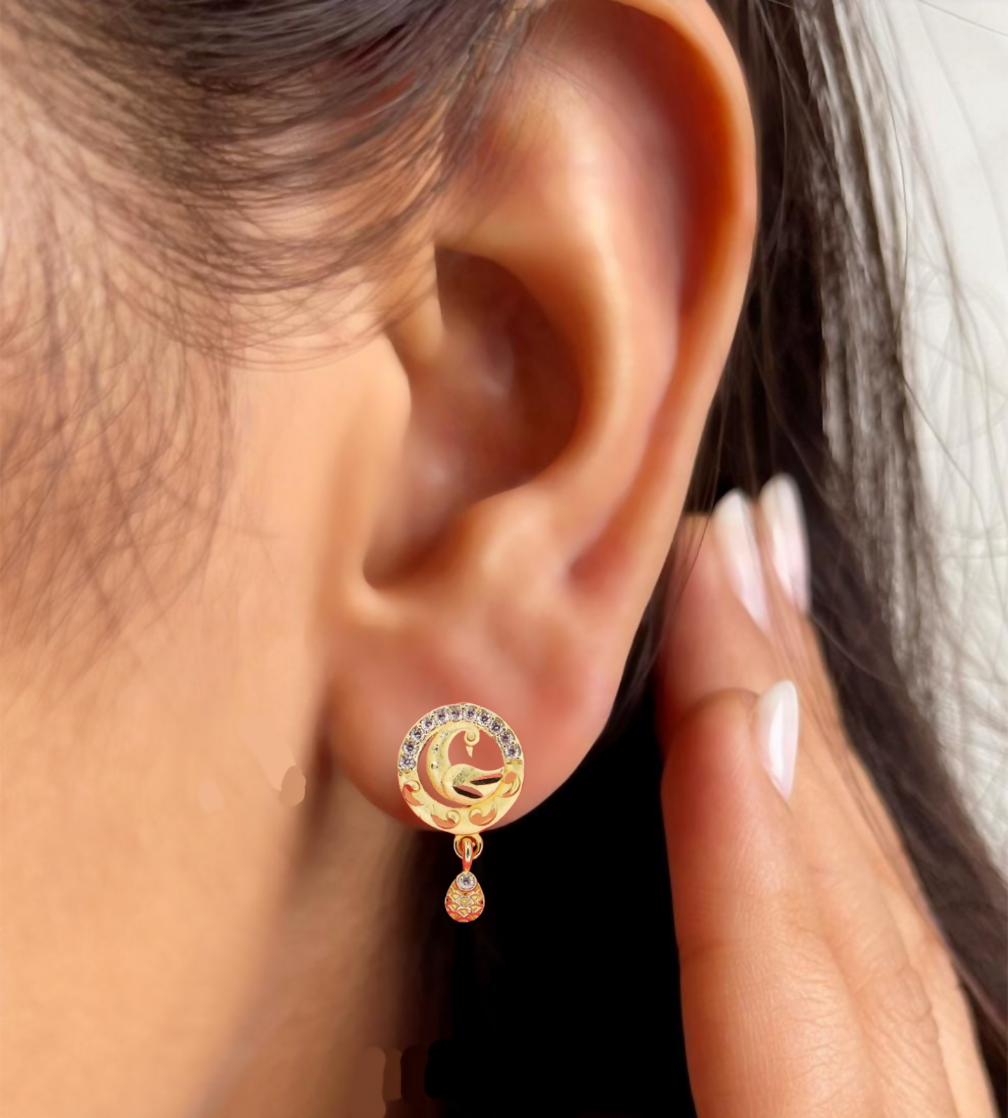 Peacock Gold Stud Earrings – Elegant 22K Gold with AD Sparkle