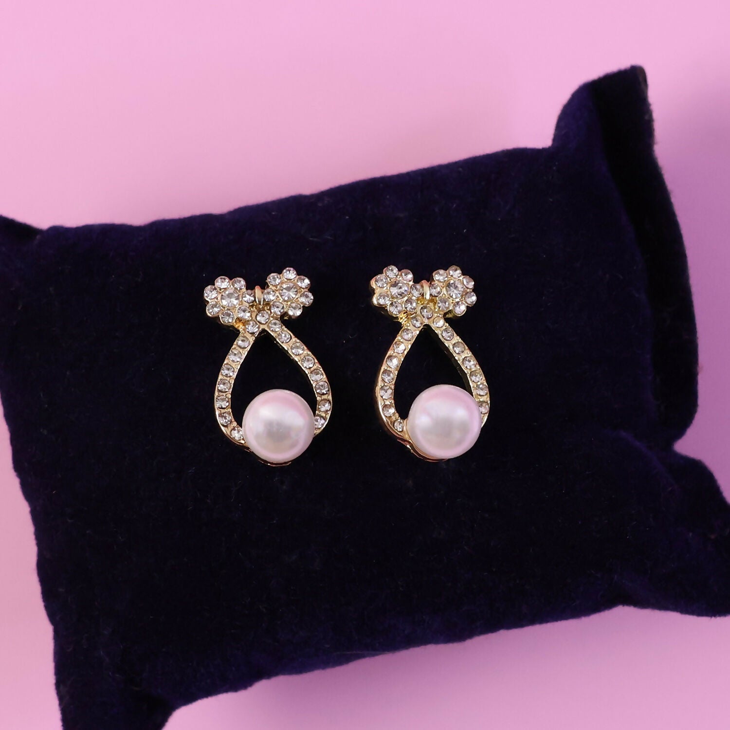 Pearl Drop Stud Earrings – Korean Crystal Bow Design for Women