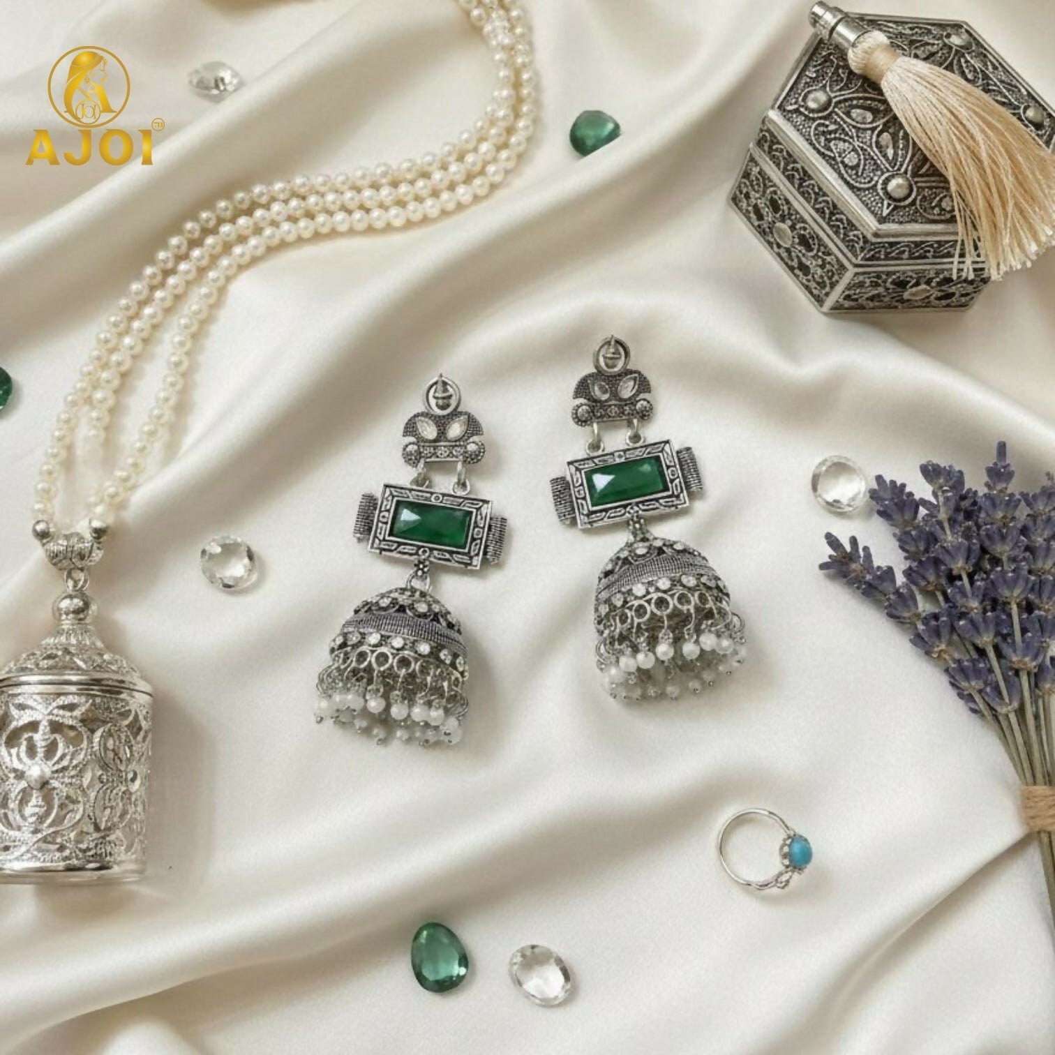 Oxidized Silver Jhumka Earrings – Deep Green Stone & Pearl Drops