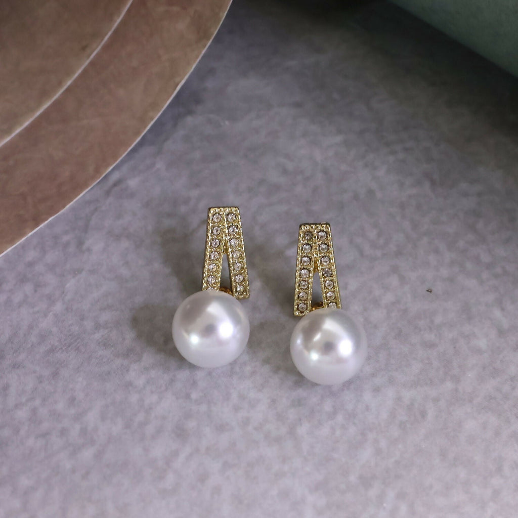 White Pearl Drop Earrings – Gold Plated Crystal Studs