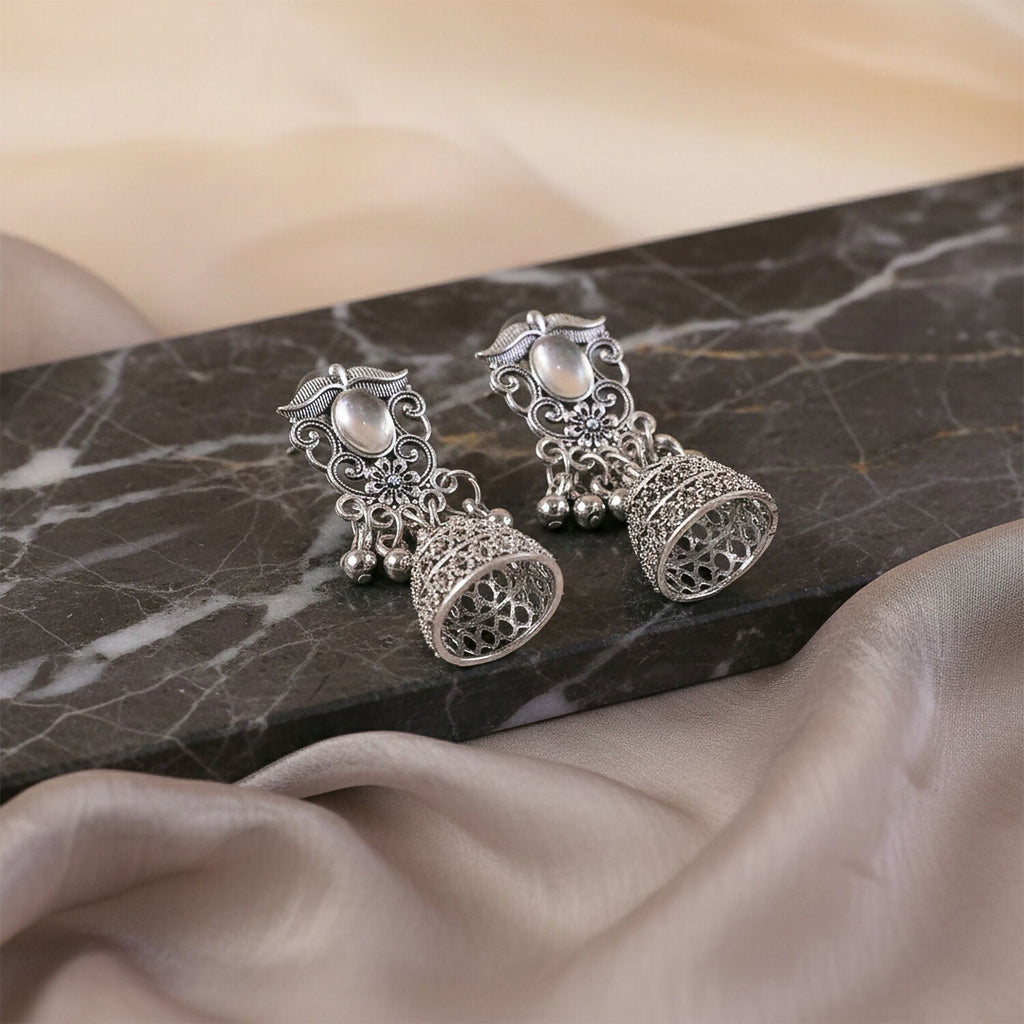 German Silver Jhumka Earrings – Traditional Oxidized Finish with Monalisa Stones