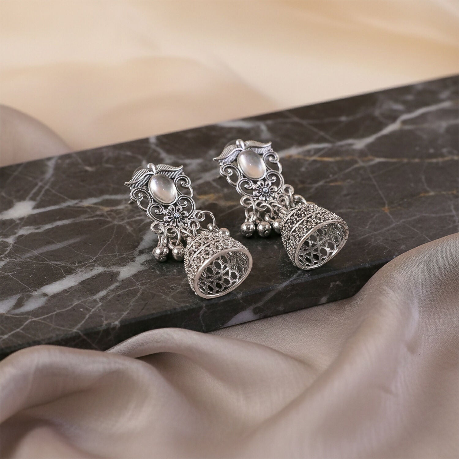 German Silver Jhumka Earrings – Traditional Oxidized Finish with Monalisa Stones