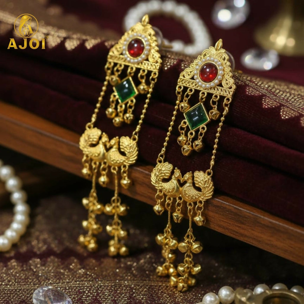 Kashmiri Peacock Jhumka Earrings – Royal Red & Green Stones