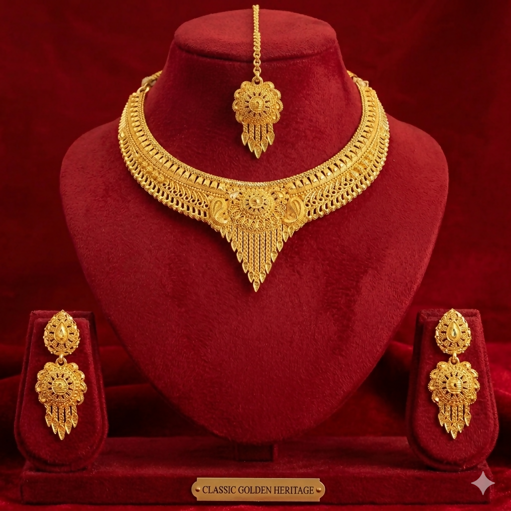 Heritage Gold-Tone Necklace Set with Matching Earrings and Maang Tikka for Women