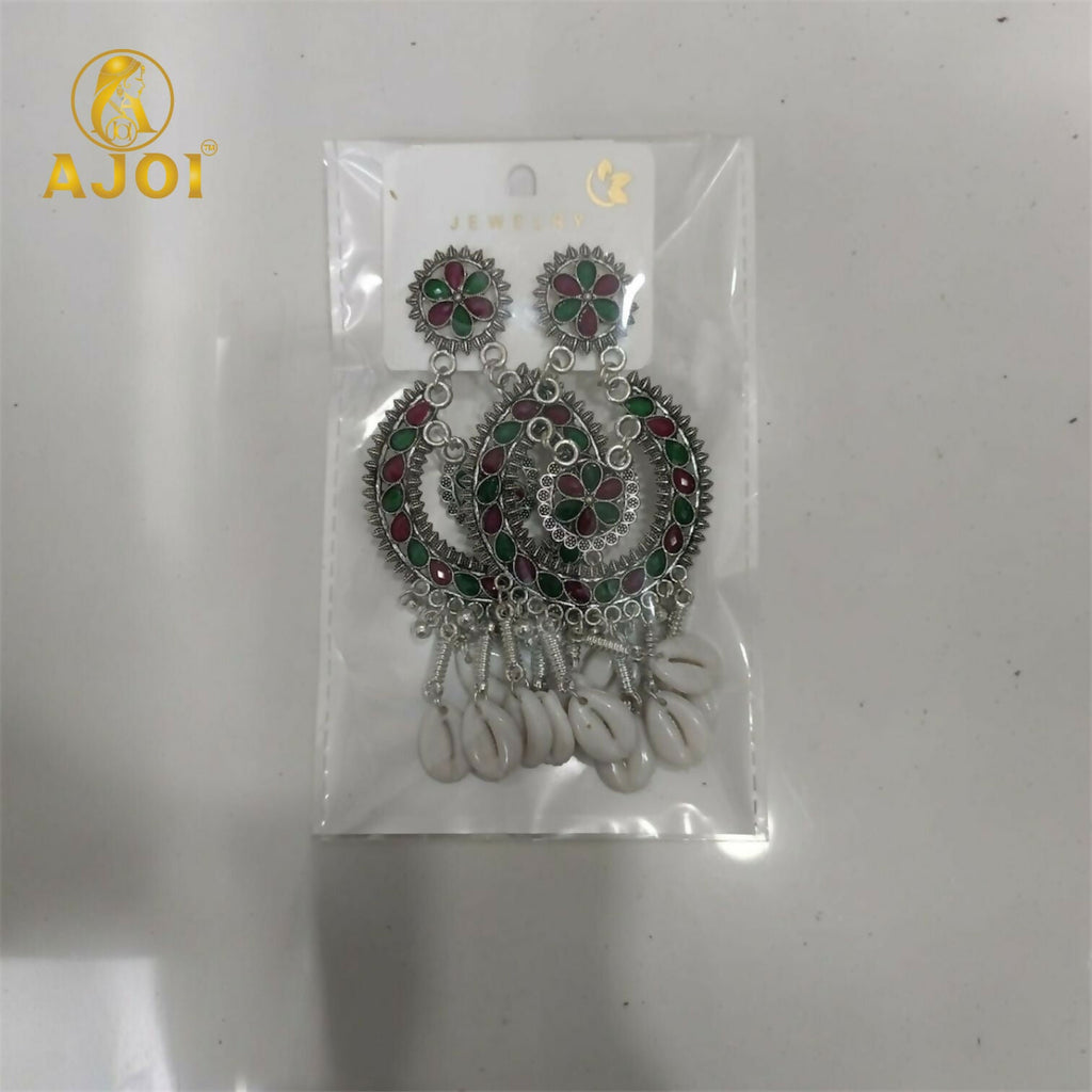 Antique Silver Chandbali Earrings – Floral Meenakari & Cowrie Shells