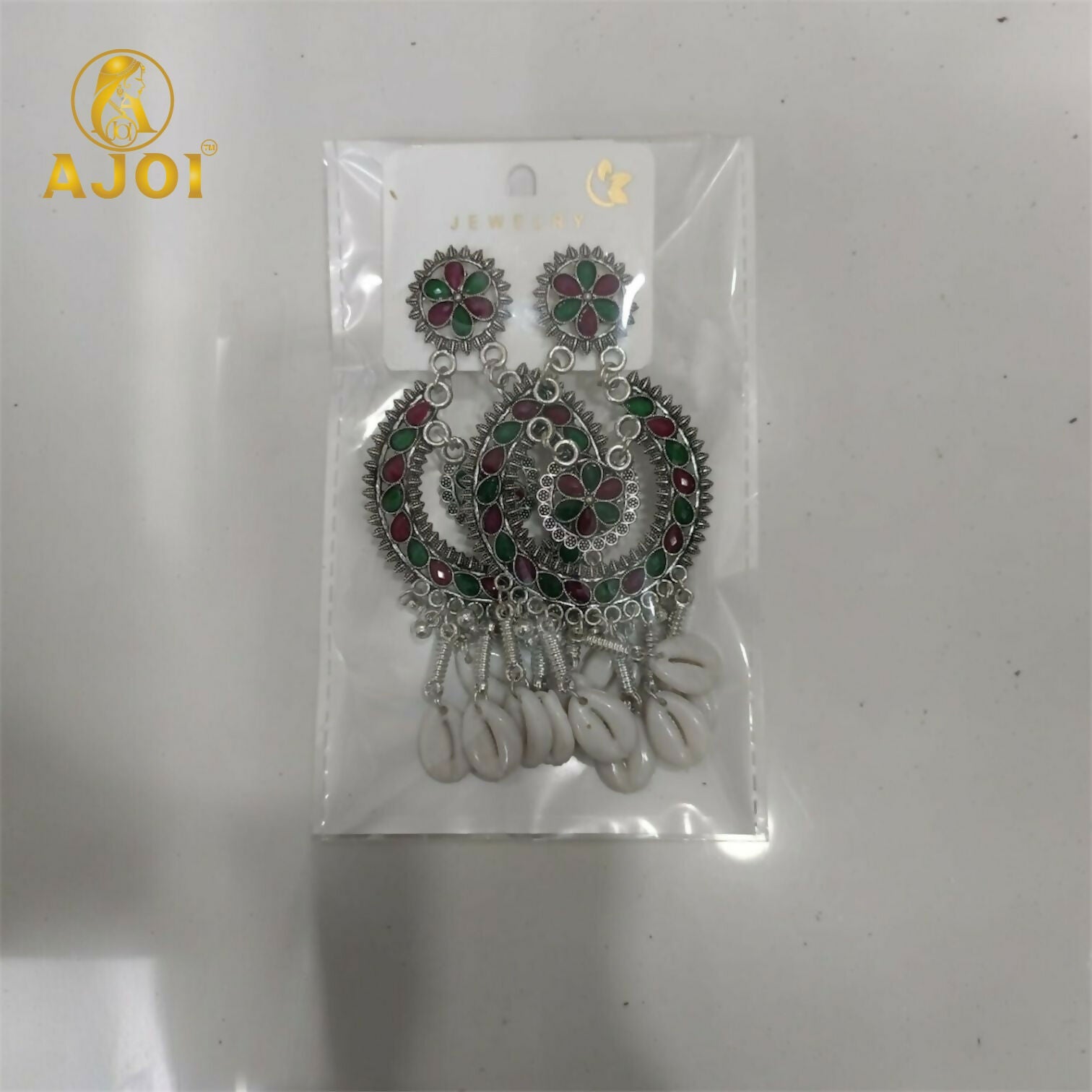 Antique Silver Chandbali Earrings – Floral Meenakari & Cowrie Shells