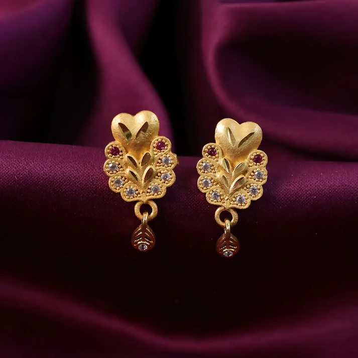 Gold Stud Earrings with Floral Design and Teardrop Dangle