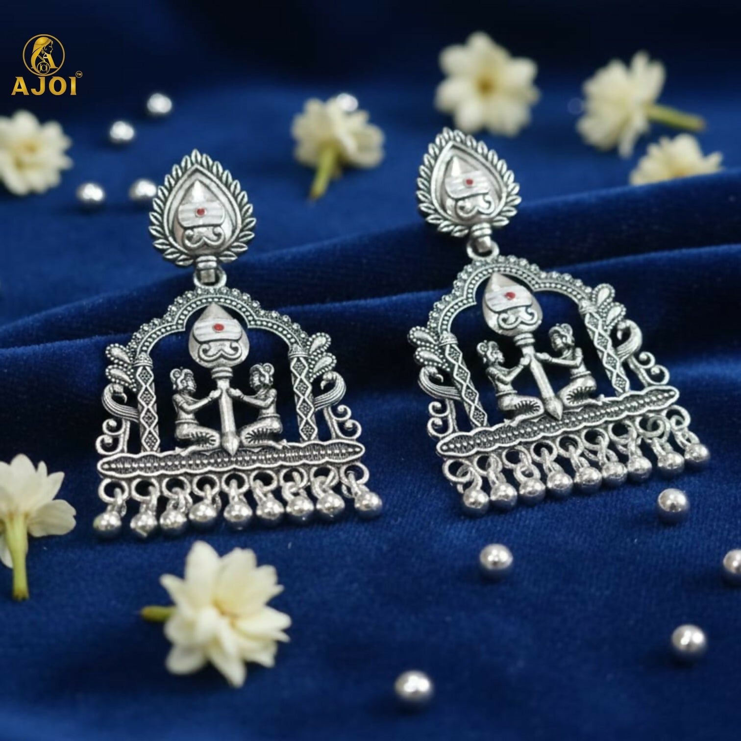 Oxidized Silver Temple Earrings – White Pearl Traditional Charm