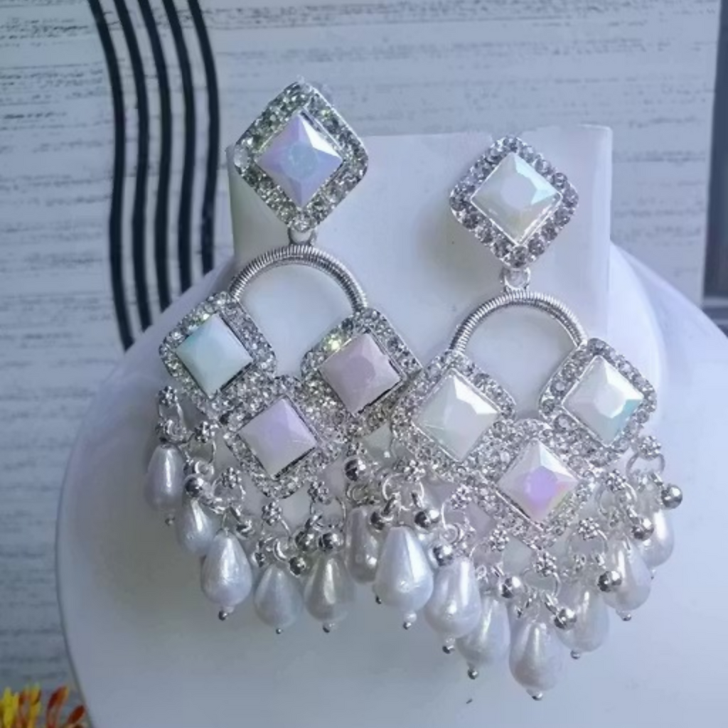 Silver Plated Chandelier Earrings – Elegant Square Crystals & Teardrop Beads