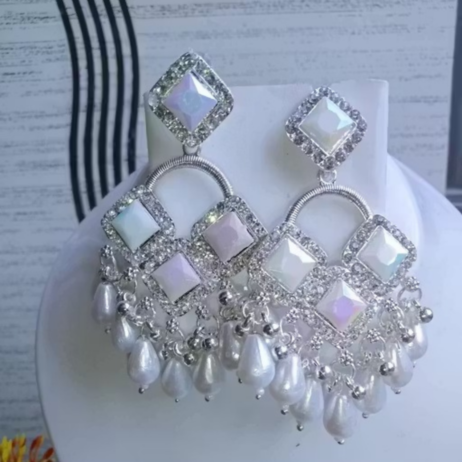 Silver Plated Chandelier Earrings – Elegant Square Crystals & Teardrop Beads