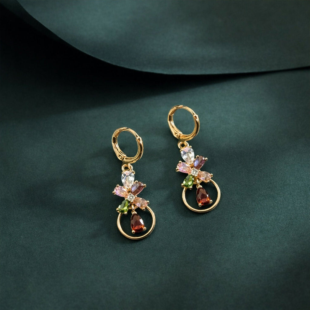 Floral Crystal Hoop Earrings – Elegant Multicolor Gold-Tone Drop