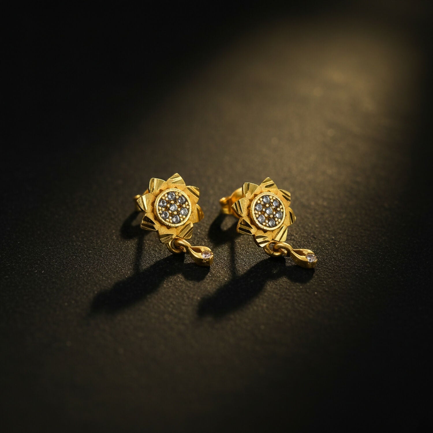 Gold Finish Drop Earrings – Floral Design with Sparkling Stones
