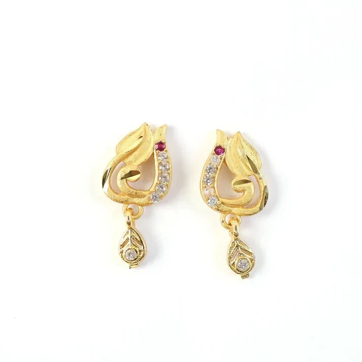 Gold Leaf Style Stud Earrings with Crystal Detailing and Drop Charm