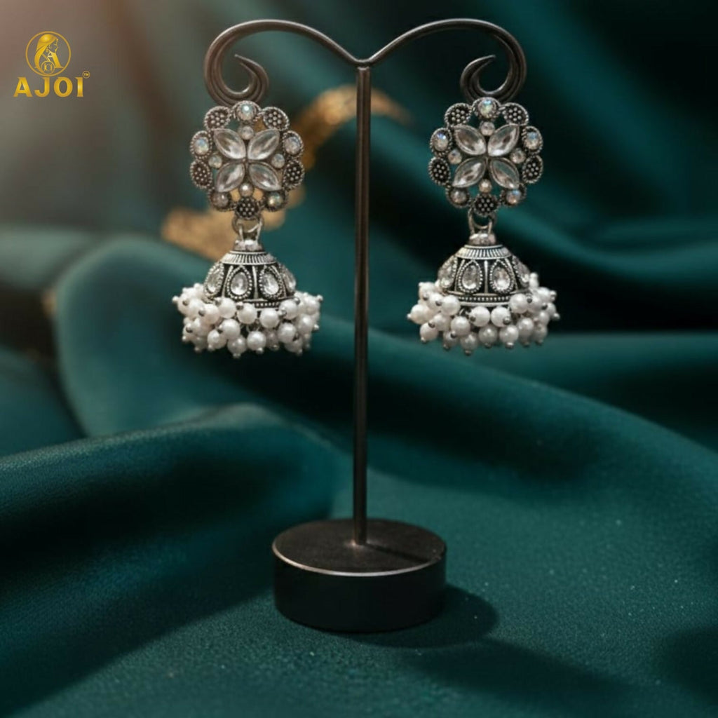Silver Oxidized Floral Jhumka Earrings – Elegant Pearl Drops Design