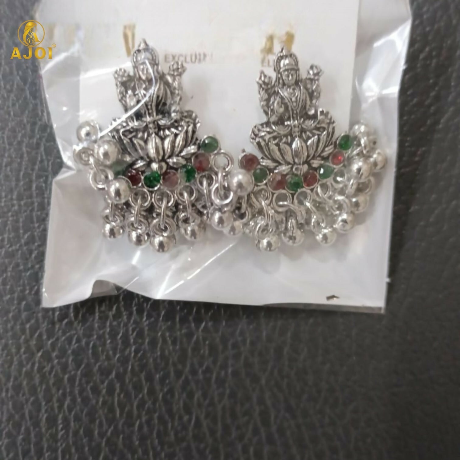 Lakshmi Idol Stud Earrings in Oxidized Silver with Multicolor Stones