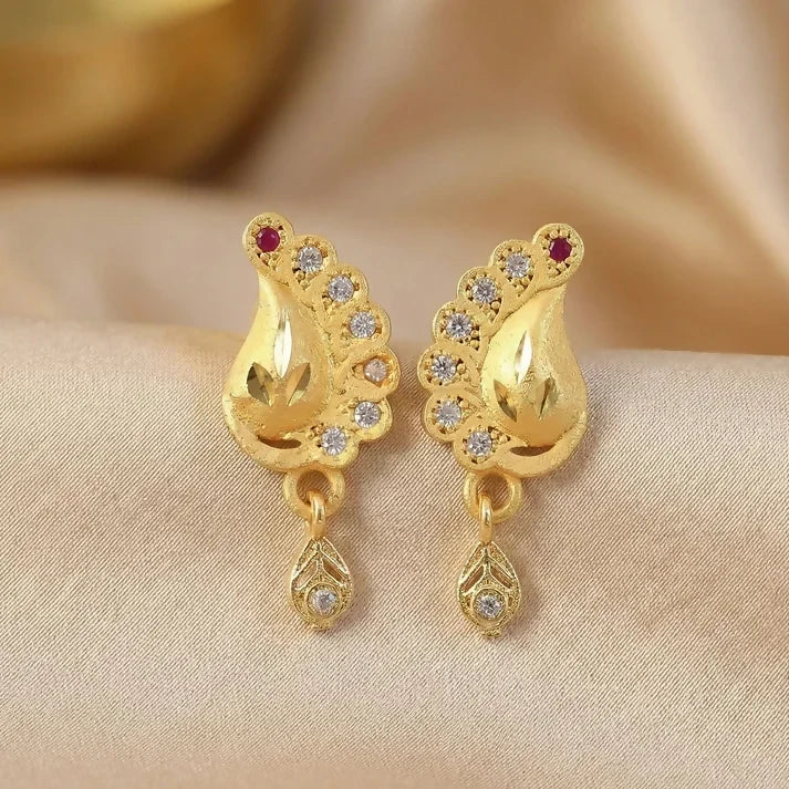 Peacock Earrings – Gold Finish with Stone Drop Accent