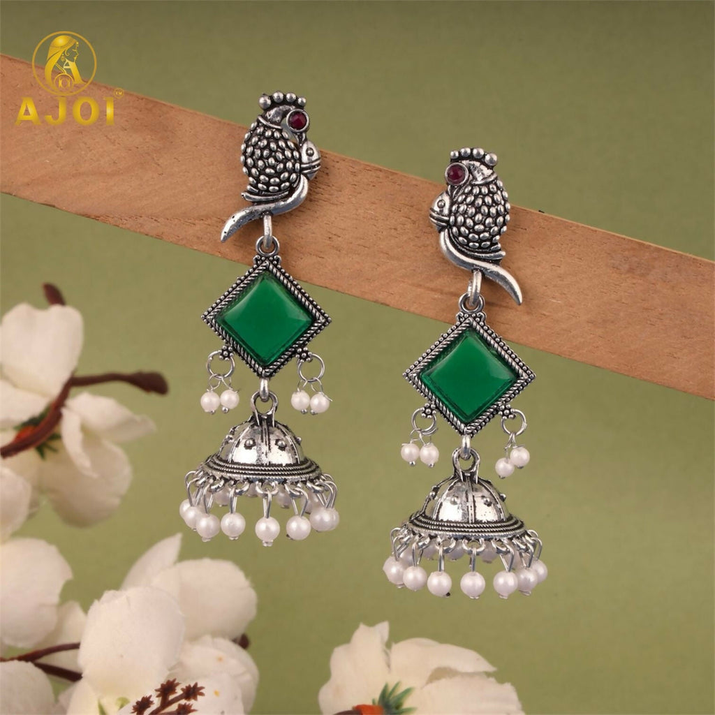 Green Stone Jhumka Earrings – Oxidised Silver Parrot Design