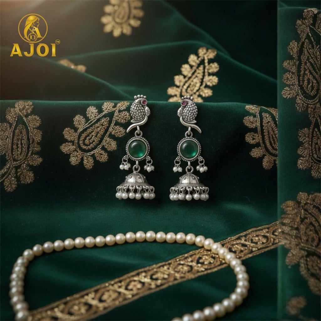 Peacock Jhumka Earrings – Antique Silver with Emerald & Pearls
