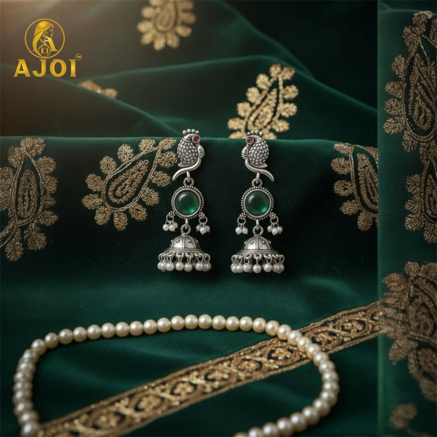 Peacock Jhumka Earrings – Antique Silver with Emerald & Pearls