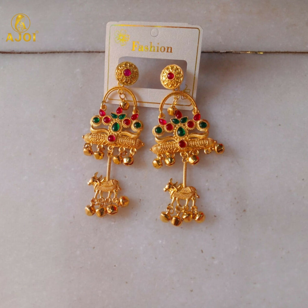 Antique Gold-Plated Tribal Drop Earrings With Red Green Stones